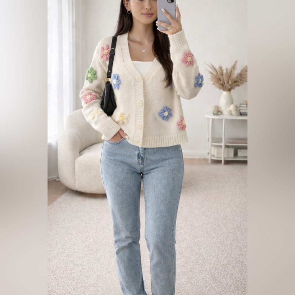 NEW Blossom Knit Cardigan Cream FloralButton-Up SweaterEmbroidered Cardigan